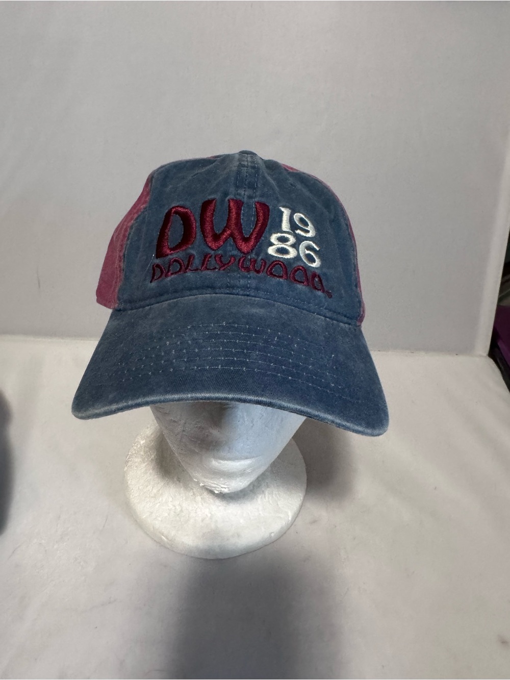 Dollywood Hat Denim/Burgandy Baseball Cap 1986 Adjustable hook & loop